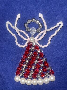 Beaded Angel Holiday Ornament - Red, Silver & Pearl